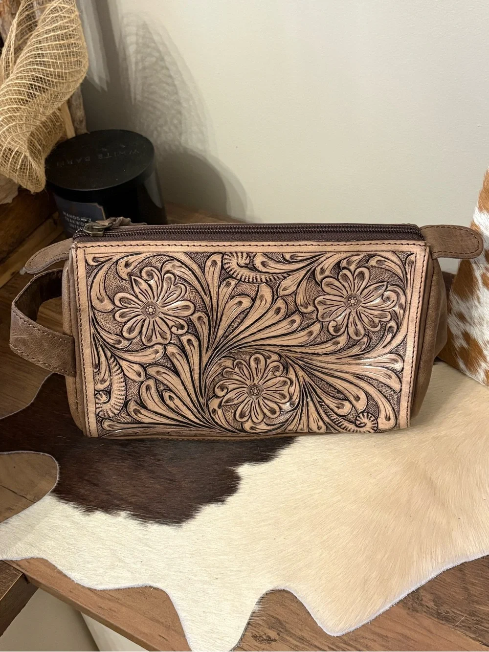 Hand-Tooled Floral Leather Toiletry Bag in Brown